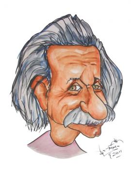 Dibujo (caricatura) de Einstein realizado con rotulador y acuarela.